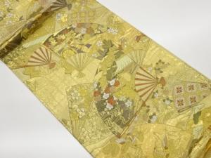 扇子に御所車・橋・花鳥模様織出し袋帯